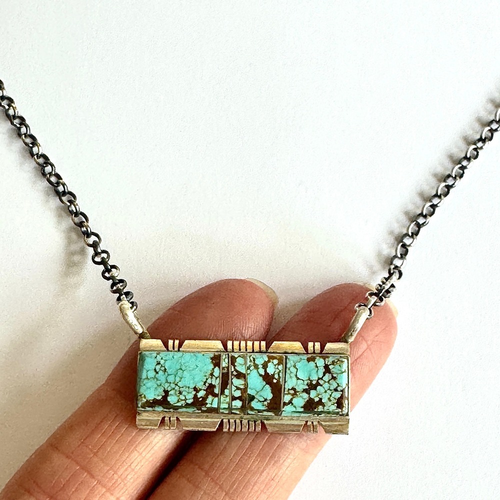 Navajo Bar Necklace #8 Mine Turquoise 18in Sterling Signed Francisco Native Amer